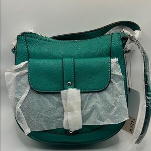 JustFab Green Vegan Leather Crossbody Saddle Bag